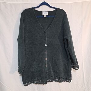 Dark Green 1X Ribbed Velvet-like Button Down Cardigan Sweater with Cut Out Trim